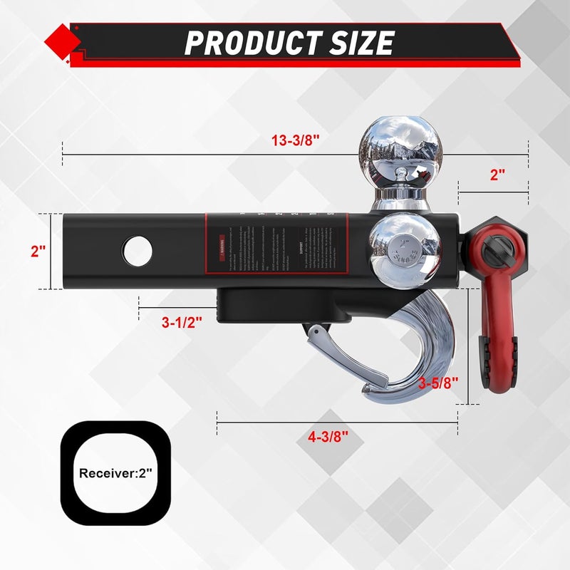 TYT Tri Ball Mount Trailer Hitch ，Fits 2 inch Receiver, Triple Balls (1-7/8", 2", 2-5/16") with Tow Hook & Shackle,10,000lbs GTW,1,000 lbs Tongue Weight, Includes Hitch Pin Lock - Image 2